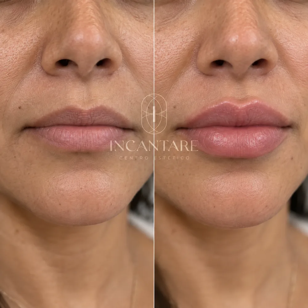 Antes e depois do preenchimento labial — exemplo 4